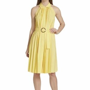 $375 Elie Tahari Pleated Fit & Flare Yellow Belted Halter Dress, Size 6